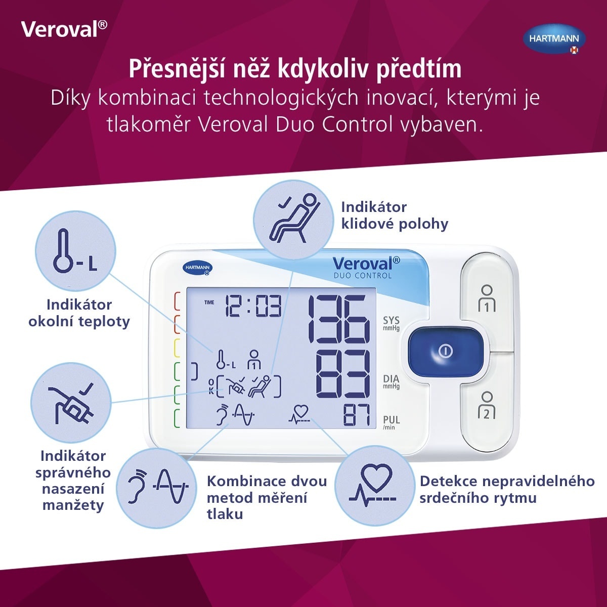 Bohaté funkce měřiče krevního tlaku Veroval duo control