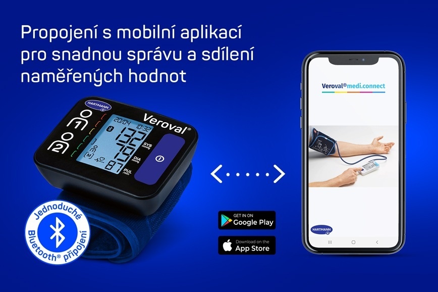 Mobilní aplice Veroval medi connect pro propojení se zápěstním tlakoměrem Veroval compact+ connect
