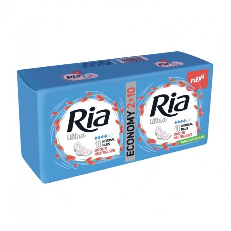 Dámské vložky Ria Ultra Normal Plus 20 Odour Neutraliser Duopack - s křidélky, se schopností pohlcovat zápach